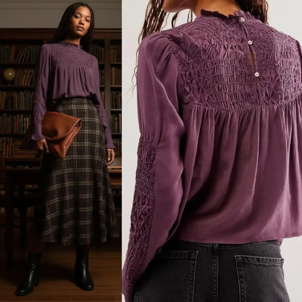 NEW Free People Smocked In Time Long Sleeve Top Plum Dark Academia Size Medium